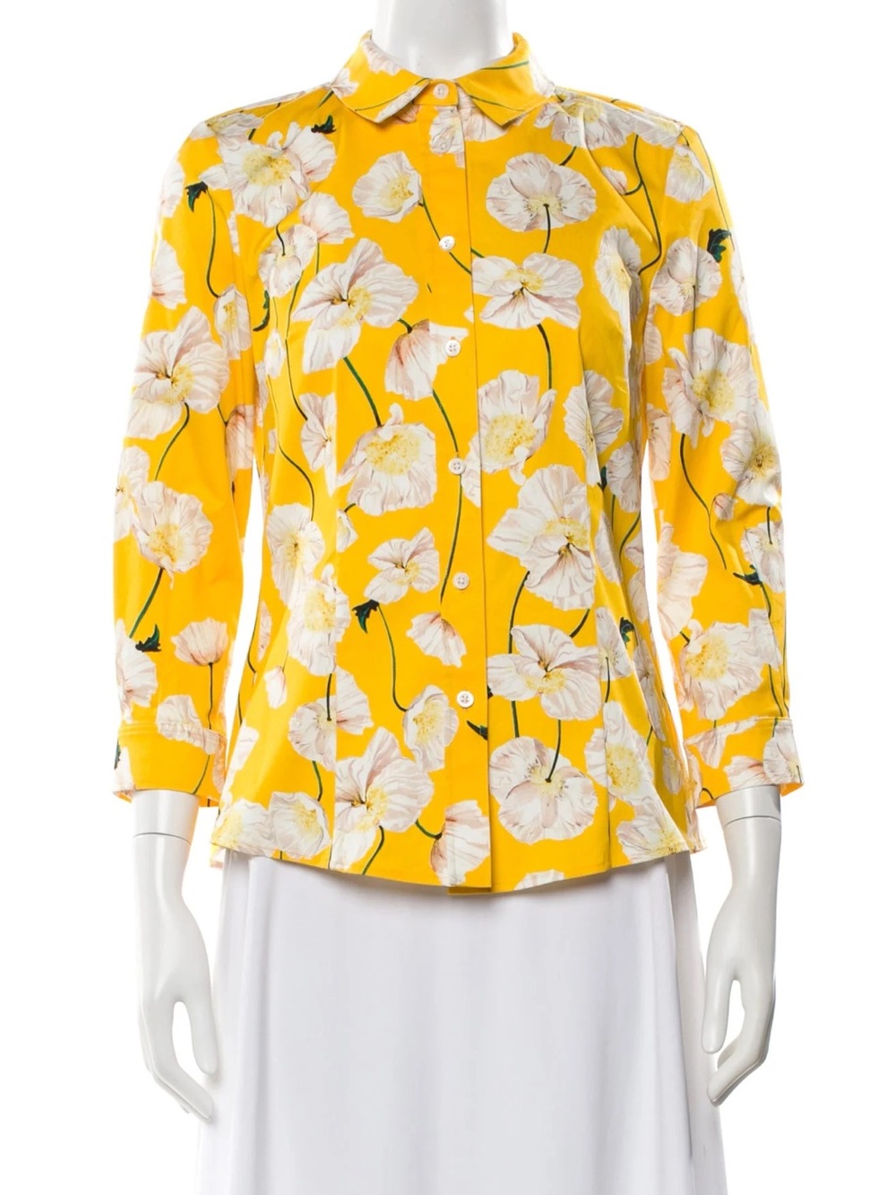 Carolina Herrera Poppy Print Stretch Cotton Button-Up Shirt Yellow Size 2